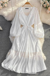 Elegant Lace-up Ruffled Long Dress Lantern Sleeve Party Dress
